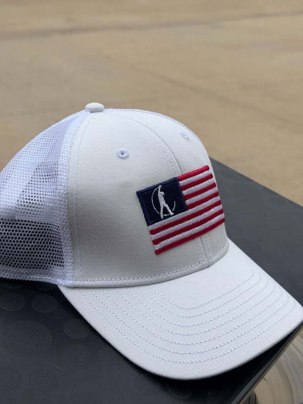 TaylorMade White Mesh Cap with Red and Navy Flag Patch